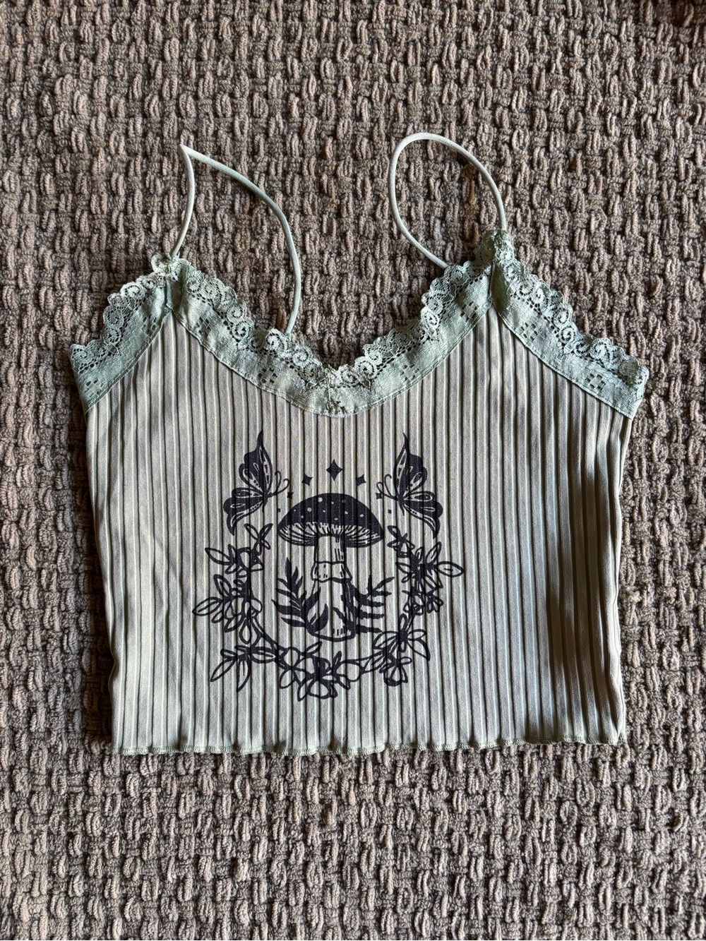 🦋 🍄Lace-Trim Ribbed Cami Tank Top in Sage Green with mushroom & butterfly design